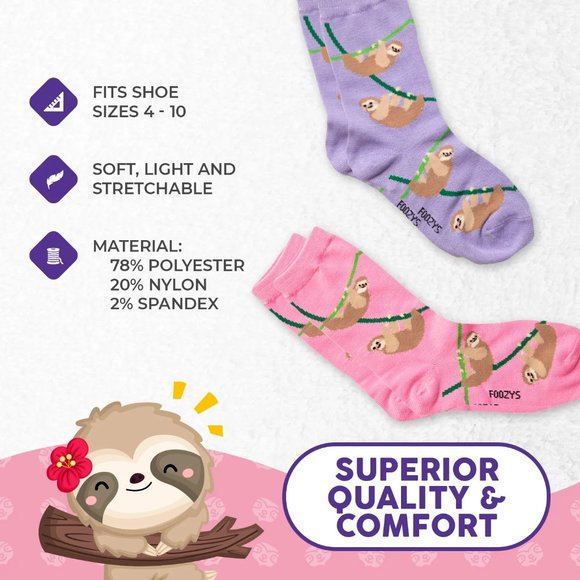 Sloth Hanging Slow Lazy Rainforest Tree Animal 2 Pairs Foozys Women's Socks - Picture 2 of 5